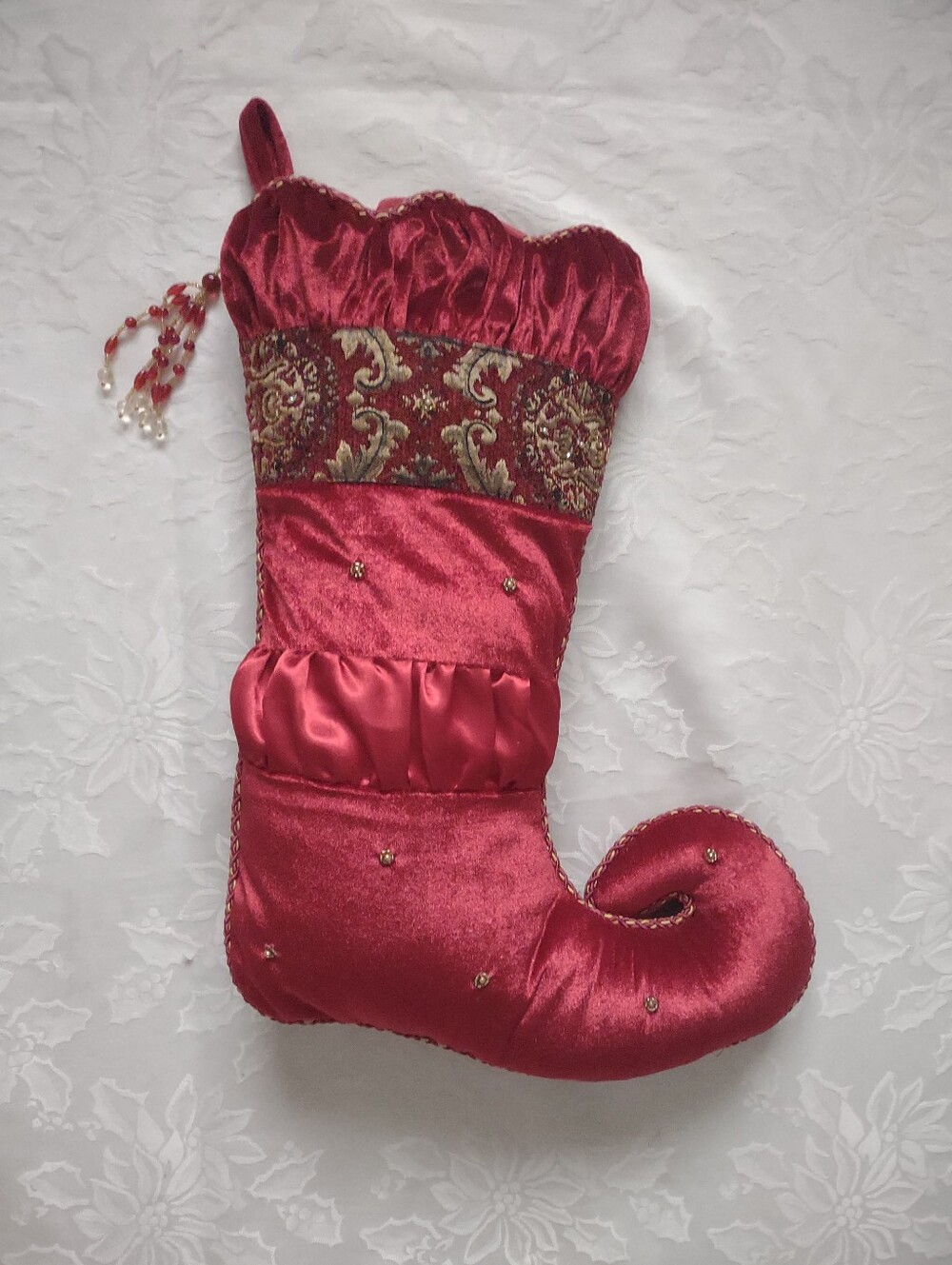 Velvet Brocade Beads Tassels Stuffed Boot Holiday Stocking Decor